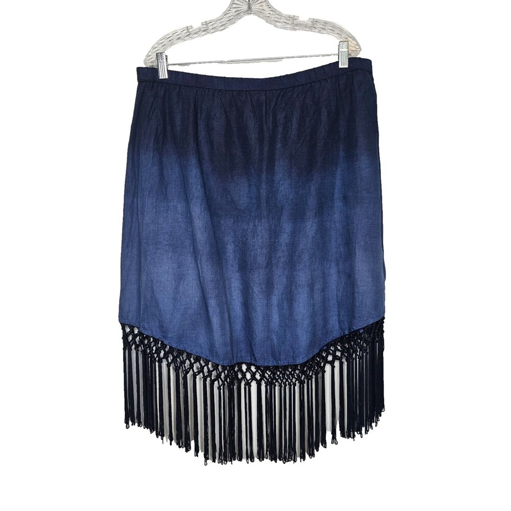 SOFT SURROUNDINGS Blue Ombre Skirt XL Petite Fringe Pull On Midi Boho Western